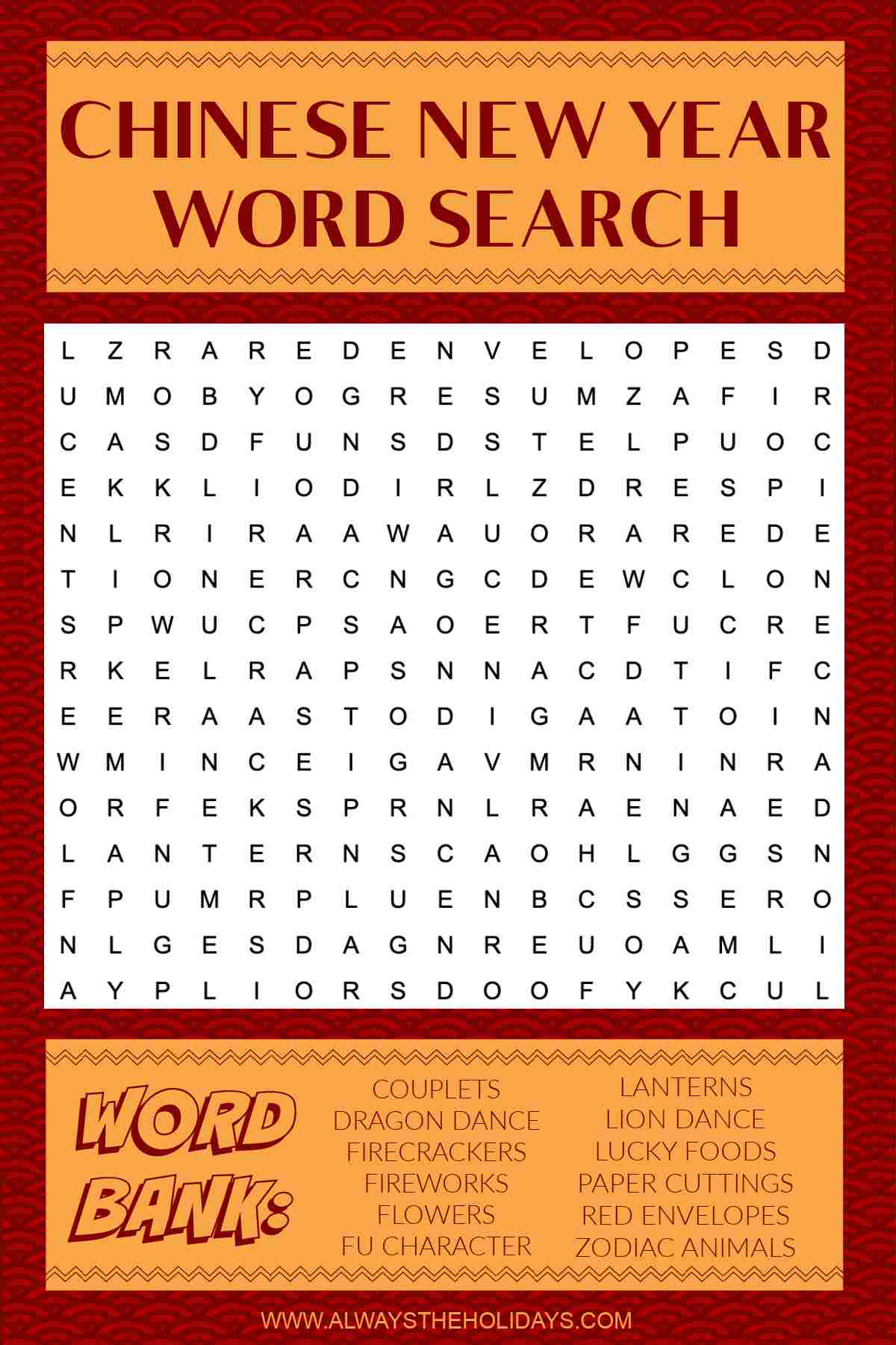 chinese new year word search - free printable with answer key